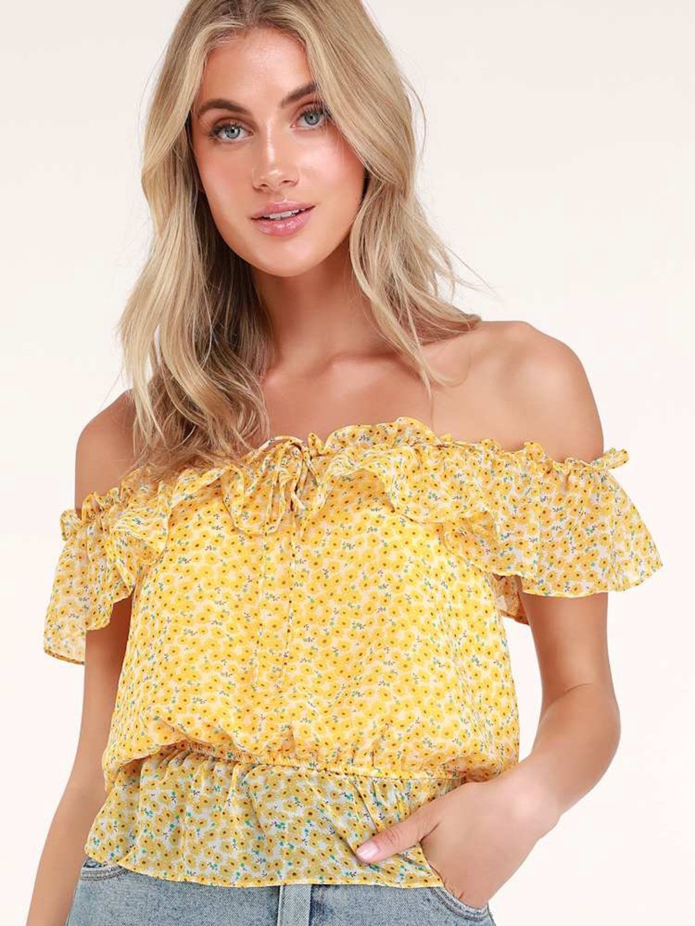 Lulu's Yellow Off-Shoulder Floral Ruffle Crop Top